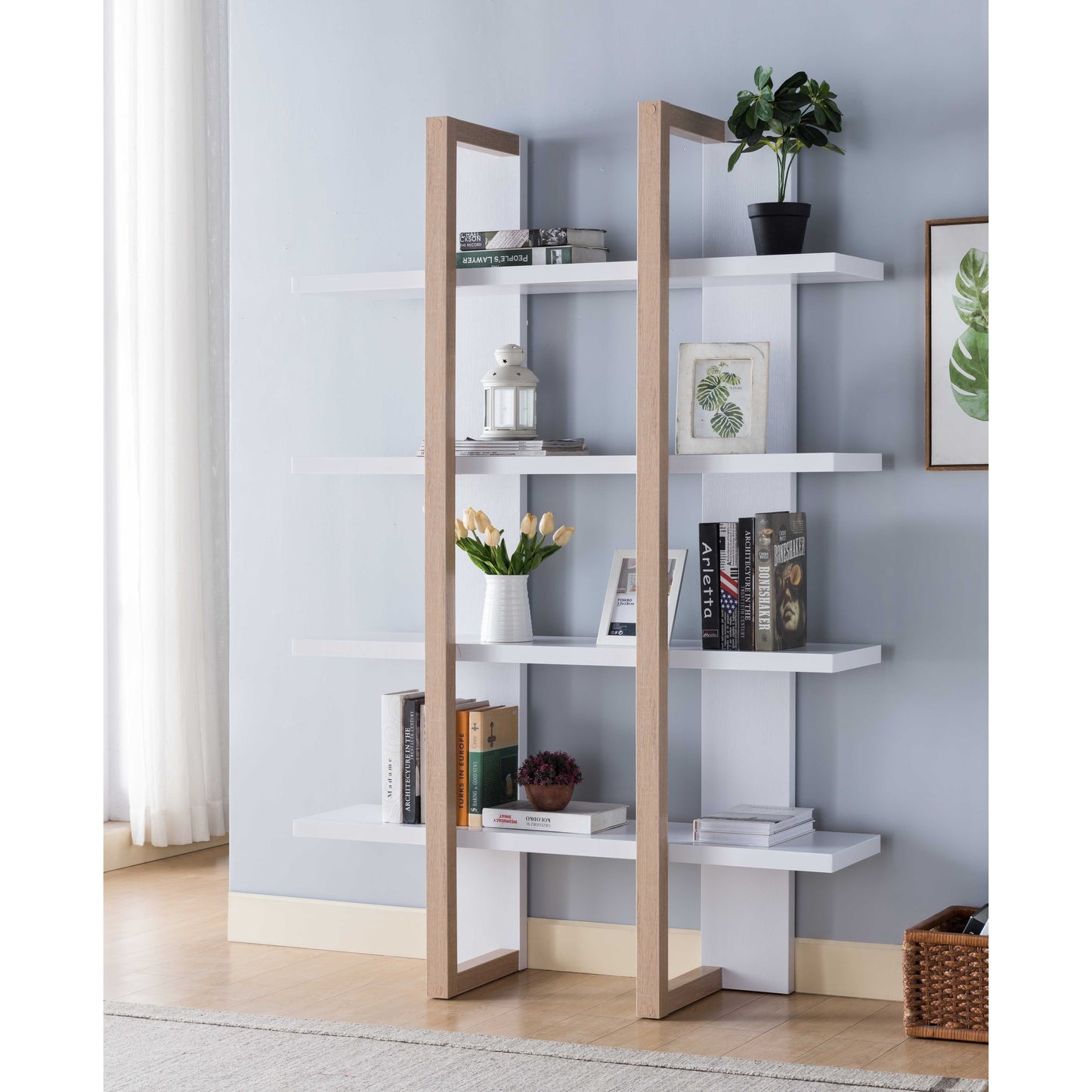 Stylish Modern White & Weathered White Bookcase Four Spacious Shelves, Open Rectangular Base