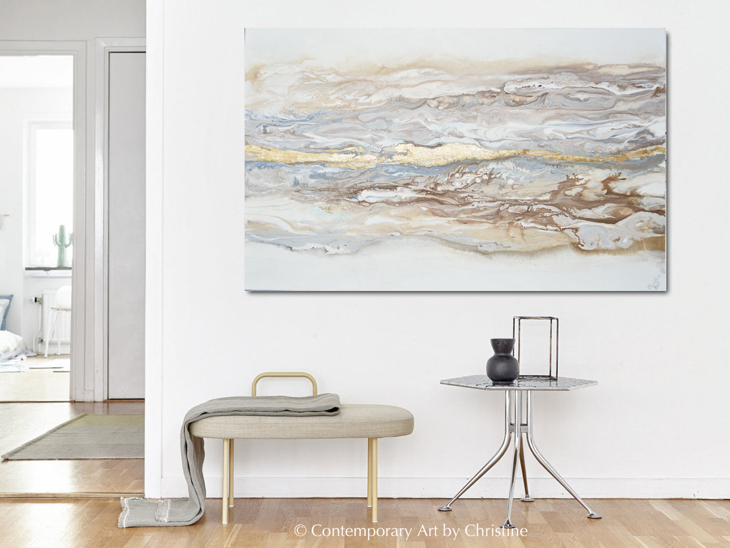 "Ingrained in My Soul" GICLÉE PRINT Art Abstract Painting Neutral White Beige Gold Leaf Marbled Coastal Landscape