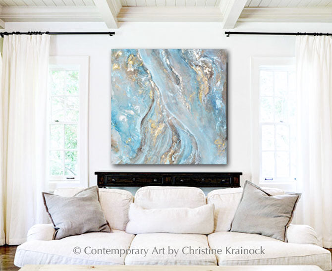 GICLEE PRINT Art Blue Brown White Abstract Painting Gold Leaf Coastal Wall Art Home Decor