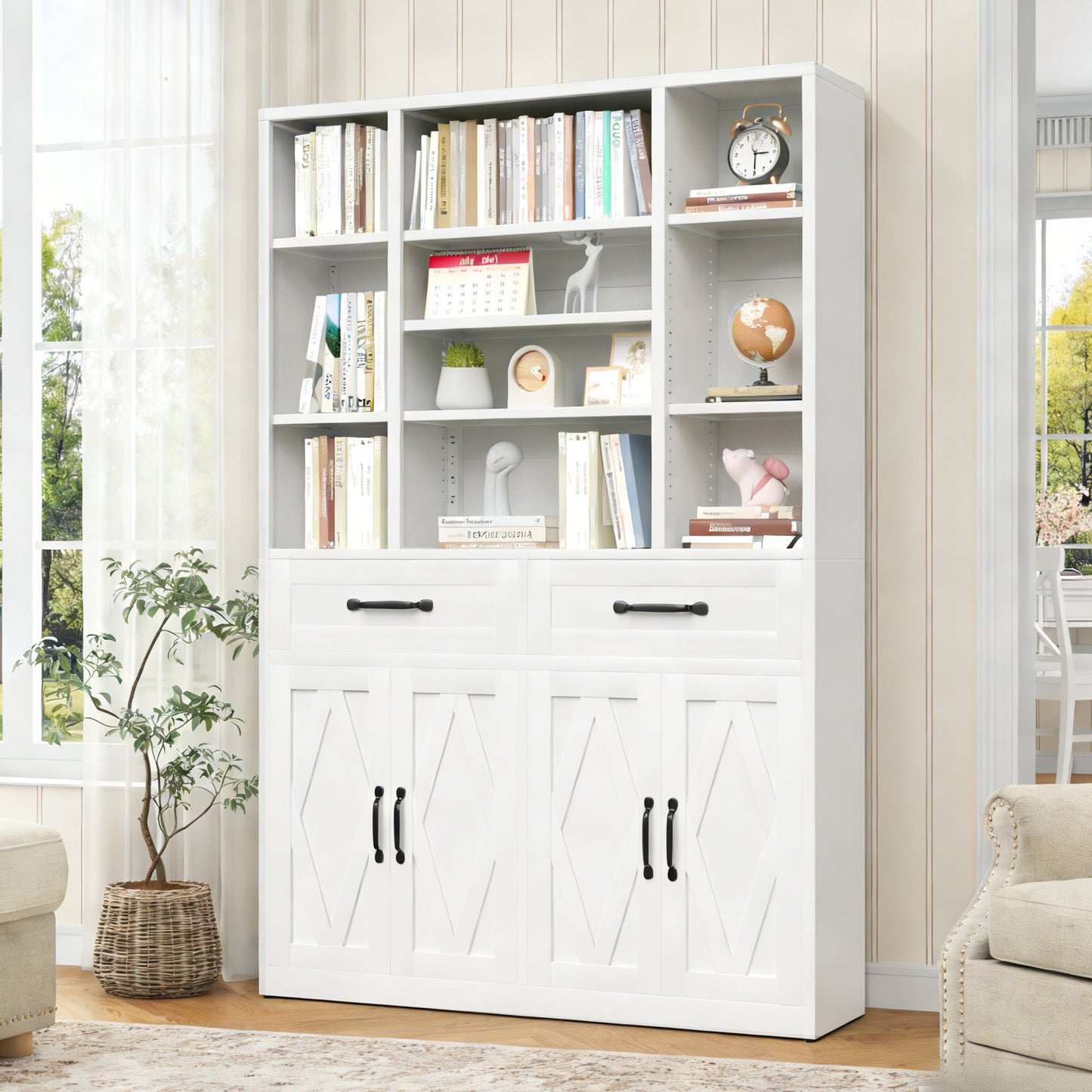 71' Tall Bookcase with Doors, Drawers & Adjustable Open Shelves, Metal Storage Cabinet for Home Office, Living Room, Industrial Bookshelf, White