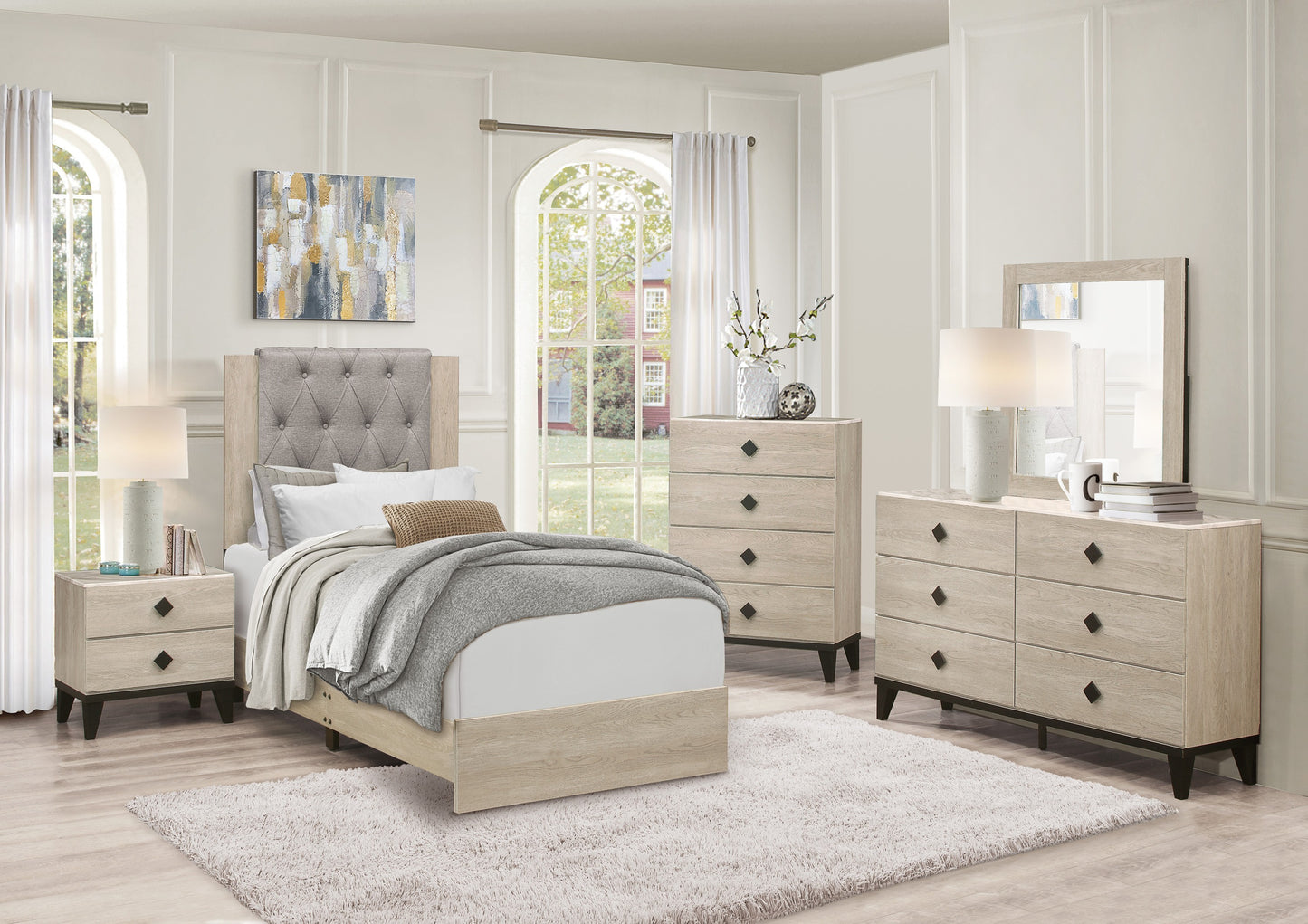 Modern Design Bedroom Furniture 1pc Cream Finish and Black 4 Drawers Beautiful Chest with Faux Marble Top