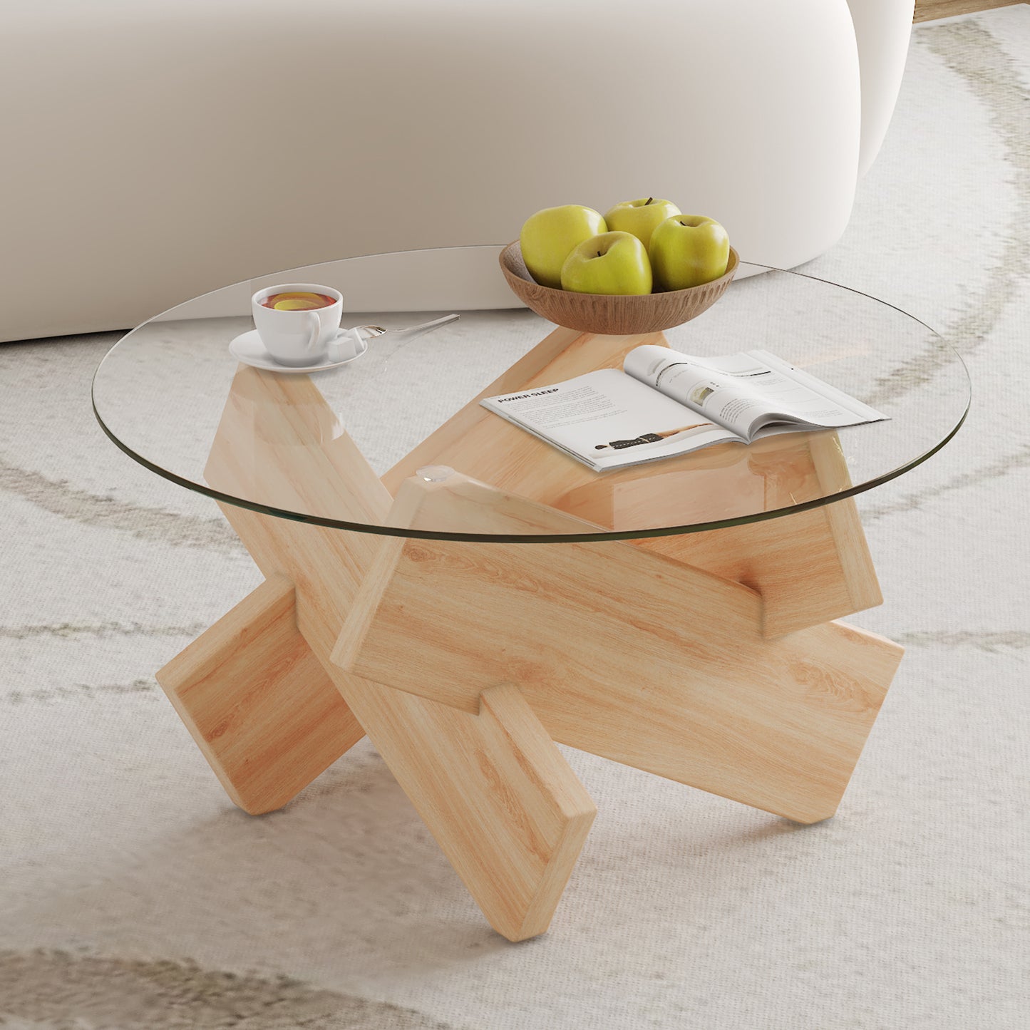 Circular glass coffee table, 33.4-inch modern and distinctive design tea table. Tempered glass countertop, wood colored MDF table legs. Suitable for living rooms and farmhouses