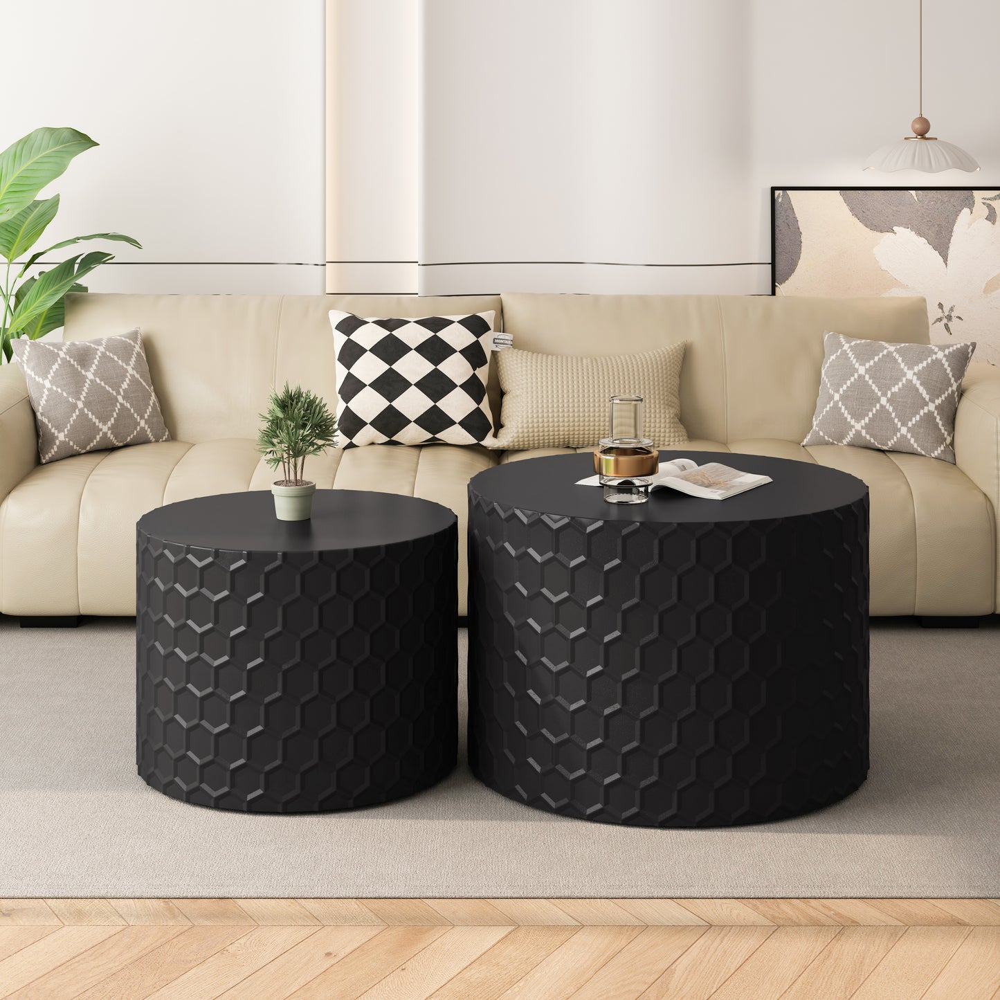 Stylish and Minimalist Nesting Coffee Table Set with Honeycomb Design, Modern Round Coffee Table, Drum Circle Coffee Table for Living Room, Bedroom, Black(Set of 2 Pieces)