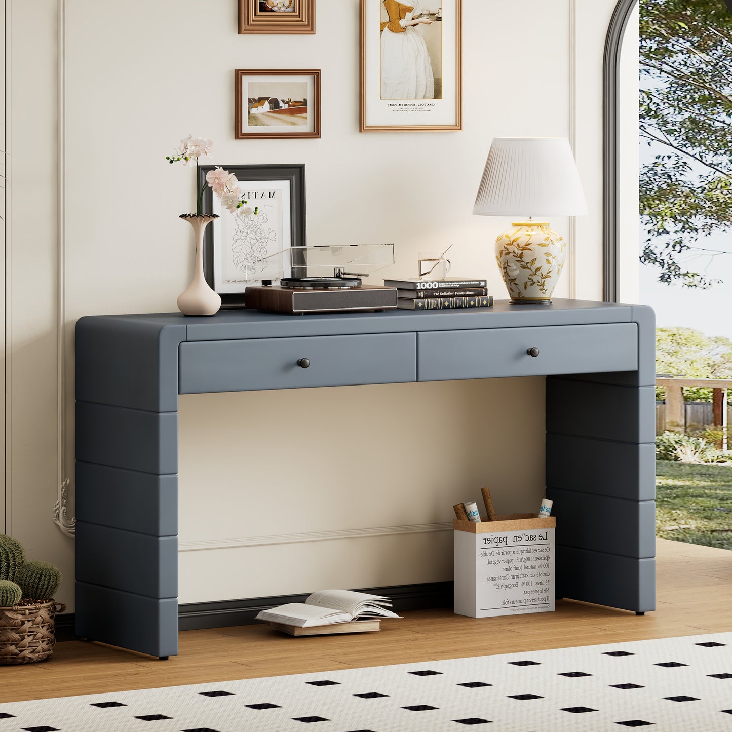 TREXM Curved Console Table with Storage, Wooden Entryway Table with 2 Drawers, Farmhouse Rustic Console Tables for Entryway, Hallway, Living Room, Navy
