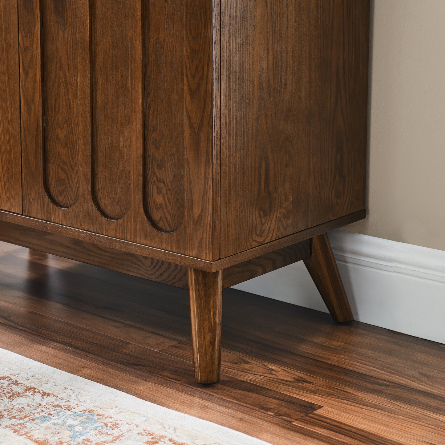 Mid Century Modern Fluted Sideboard Cabinet with Adjustable Shelves & Solid Wood Legs, Buffet Cabinet with Storage, Walnut Storage Cabinet for Living Room, Entryway, Hallway, Dining Room, Kitchen