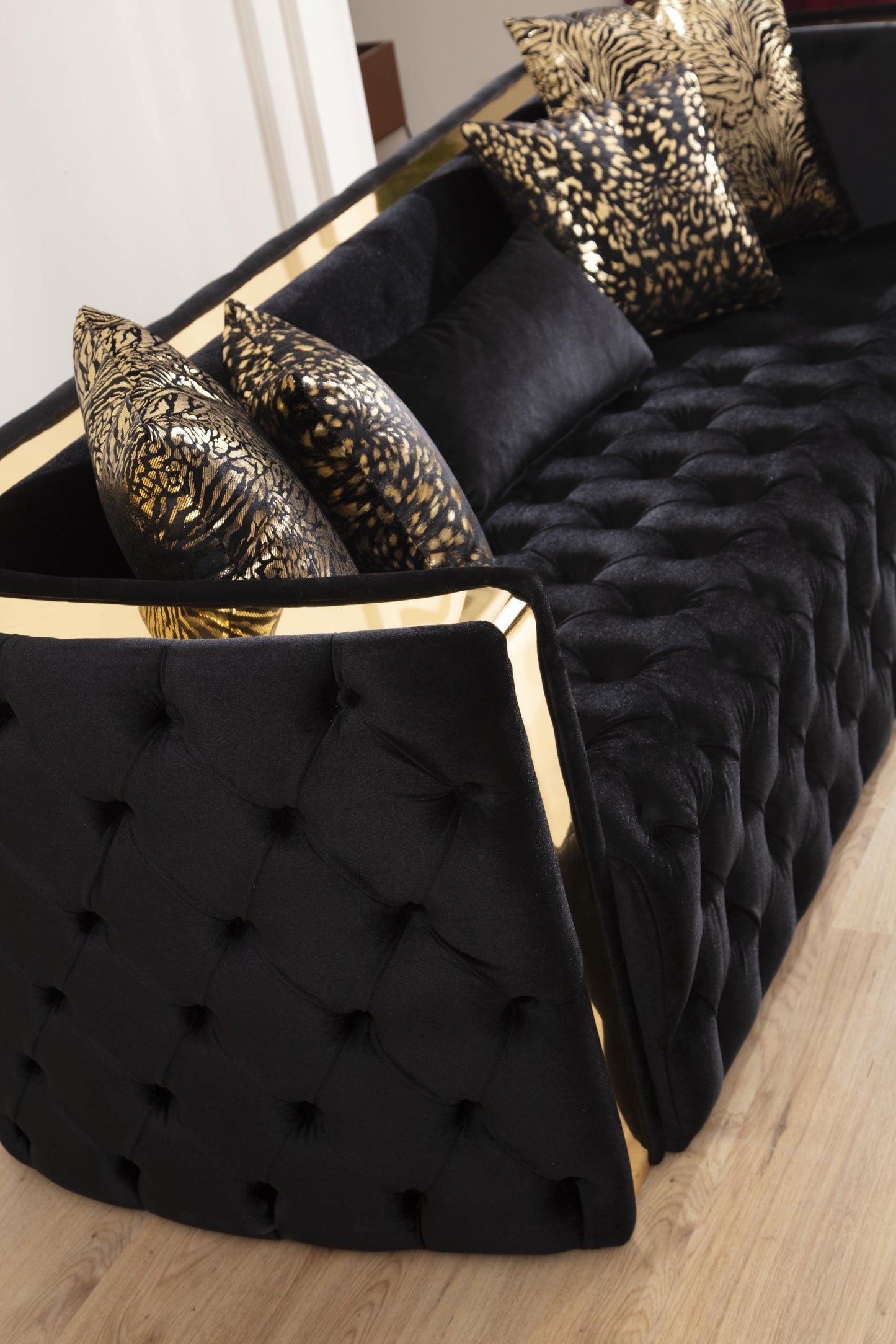 Naomi Button Tufted 3 Pc Sofa Set with Velvet Fabric and Gold Accent in Black