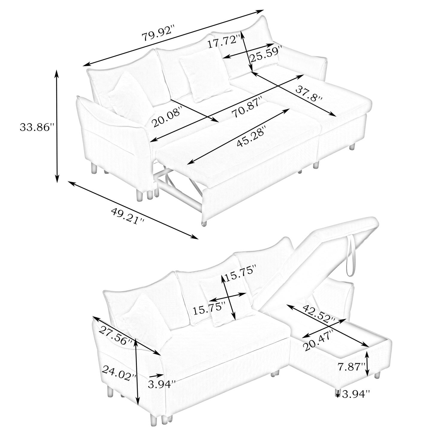 The 80-inch yellow corduroy L-shaped sofa comes with two small throw pillows that can be converted into a sofa bed for storage