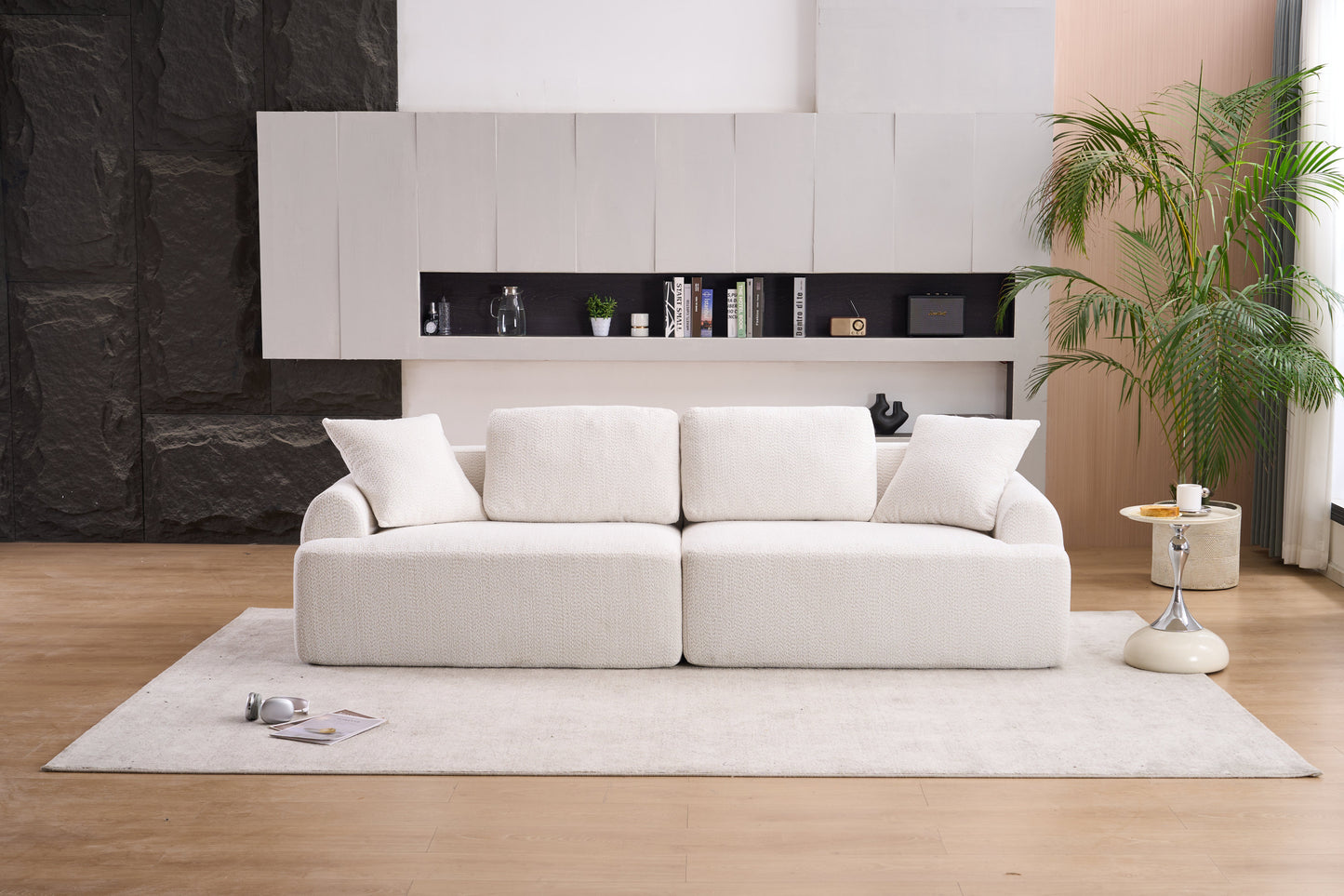LY-024 BEIGE COMPRESSION SOFA: 4-seater combined sofa, Crochet Yarn Fabric, full sponge compression sofa,combined sofa with 4 pillows for home living/ Home Furniture/ Apartment