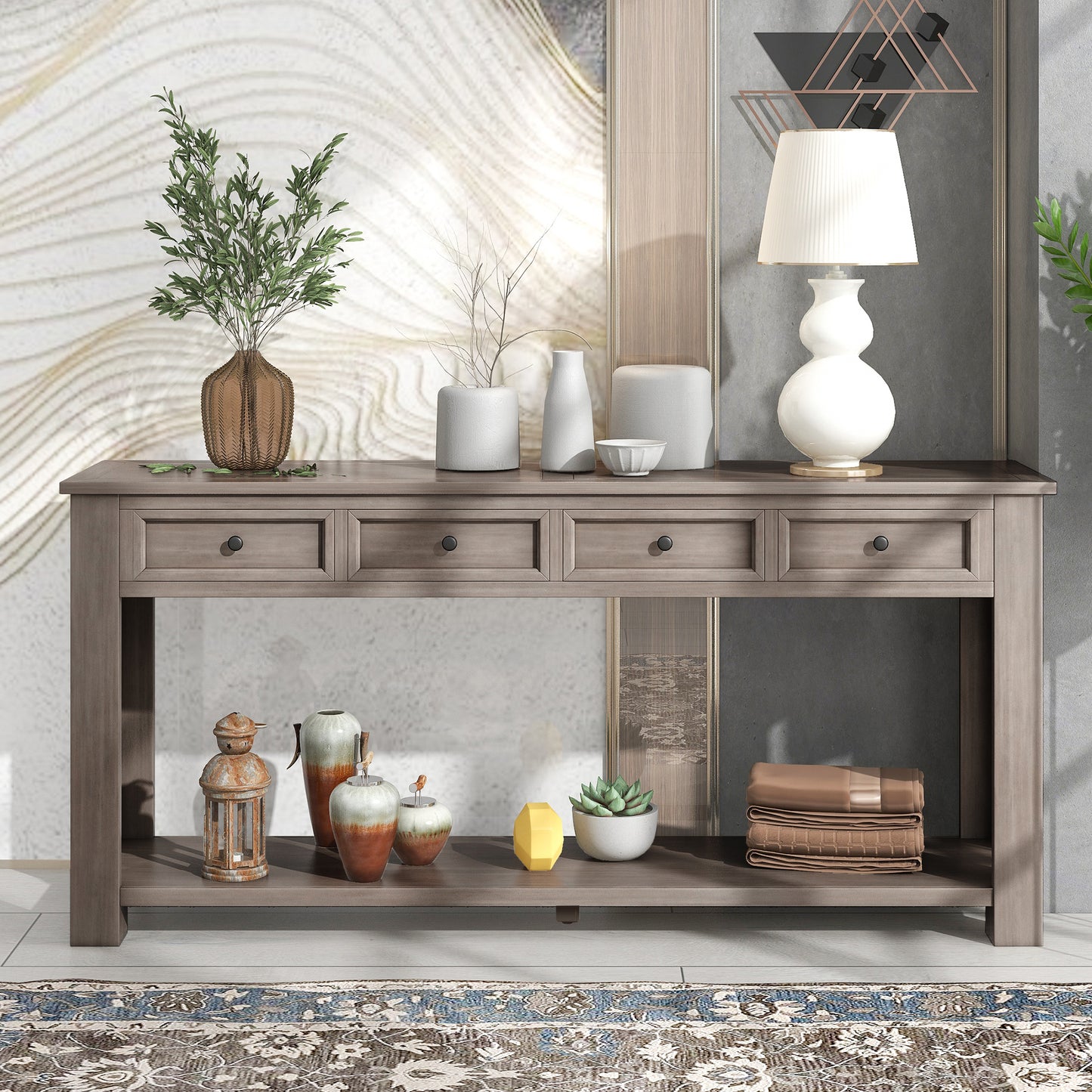 TREXM Console Table/Sofa Table with Storage Drawers and Bottom Shelf for Entryway Hallway (Gray Wash)