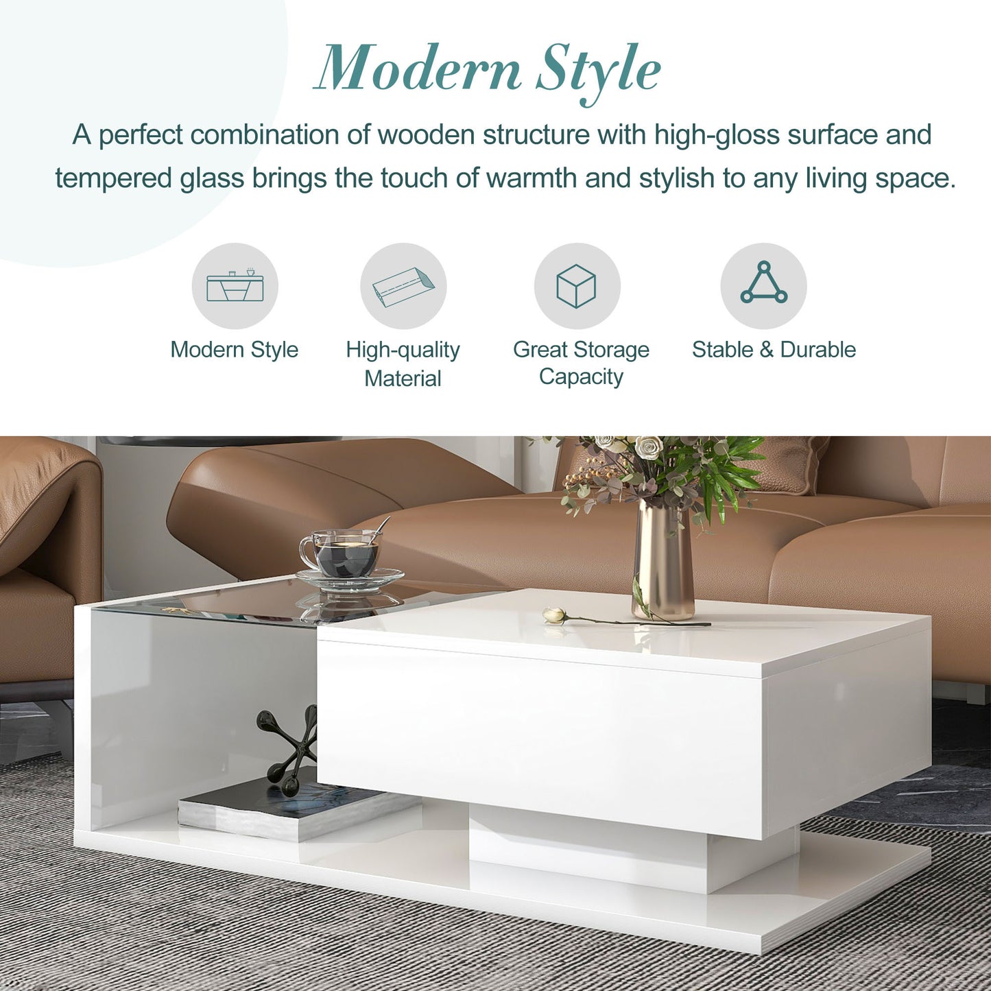 ON-TREND Modern Coffee Table with Tempered Glass, Wooden Cocktail Table with High-gloss UV Surface, Modernist 2-Tier Rectangle Center Table for Living Room, White