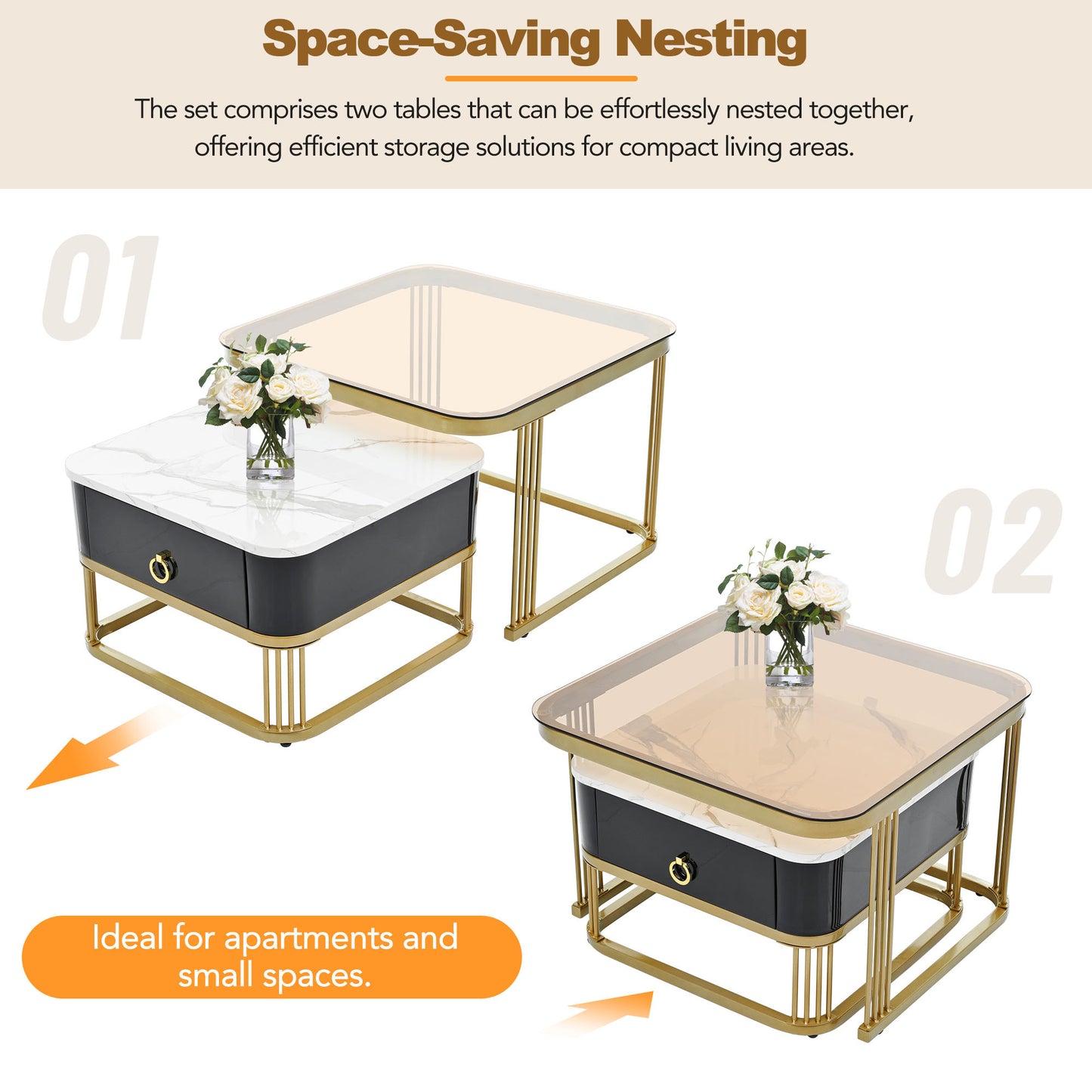 ON-TREND Nesting Coffee Table with Drawer, Set of 2, Exquisite Square Stacking Coffee Tables with Brown Tempered Glass, Side Table with High Gloss Marble Grain Tabletop for Living Room, Black