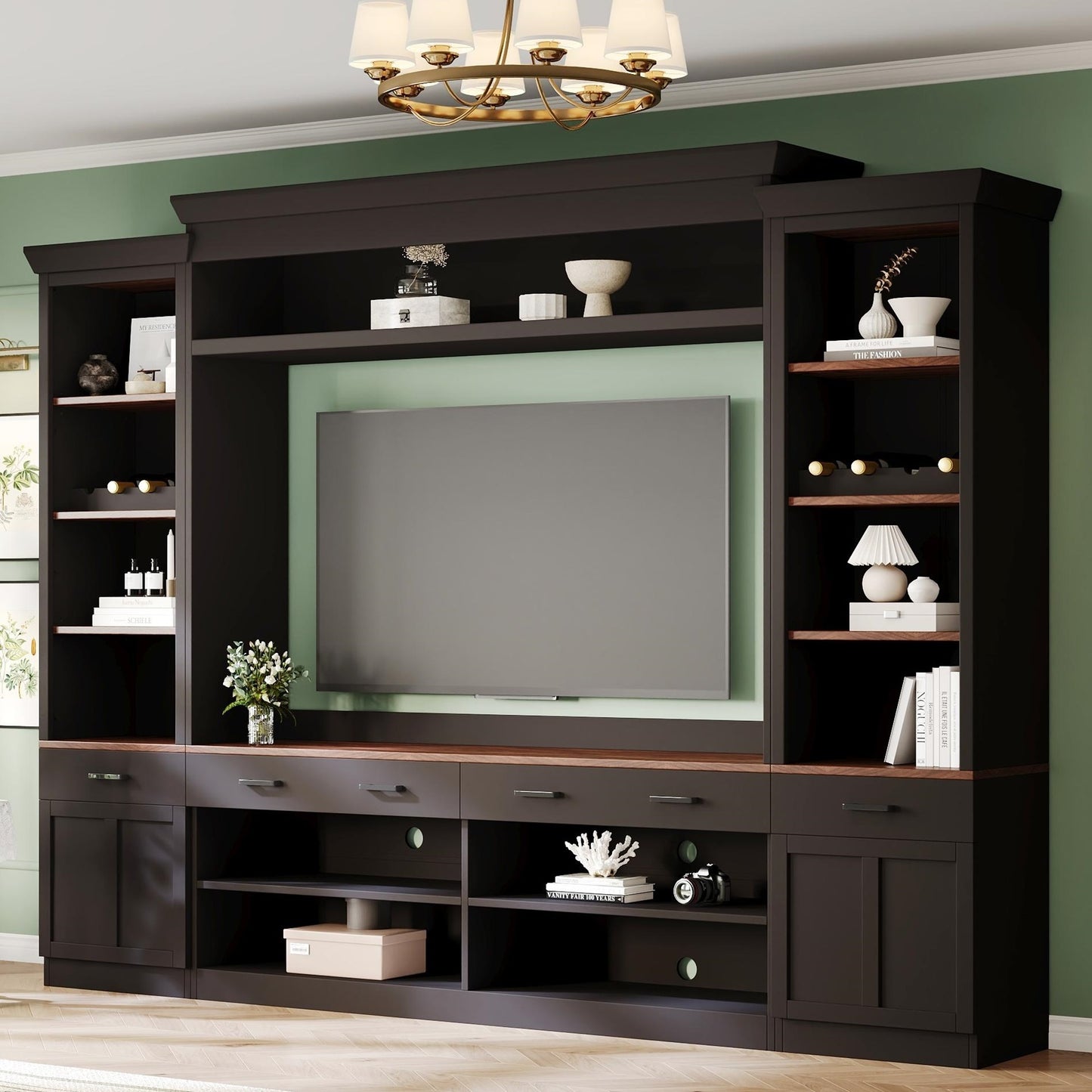 ON-TREND Farmhouse 4-Piece Entertainment Wall Unit Set with Bookshelf for TVs Up to 70', Walnut TV Stand with Adjustable Shelves, Mid-Century Large Media Console with Wine Rack for Living Room, Black