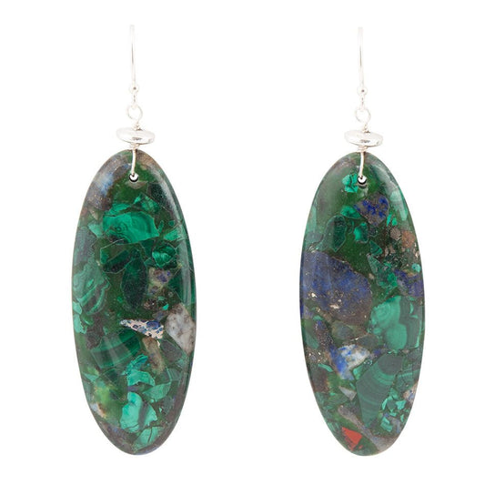 Blue Green Azurite Matrix Statement Sterling Silver Drop Earrings