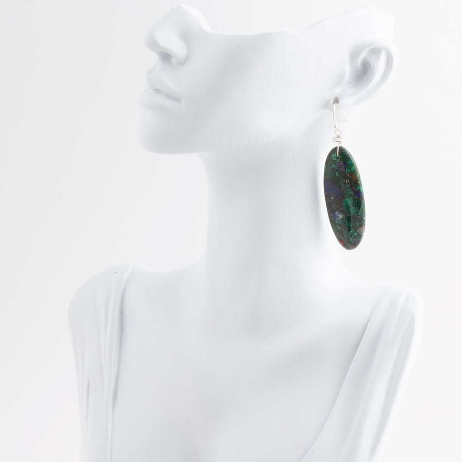 Blue Green Azurite Matrix Statement Sterling Silver Drop Earrings
