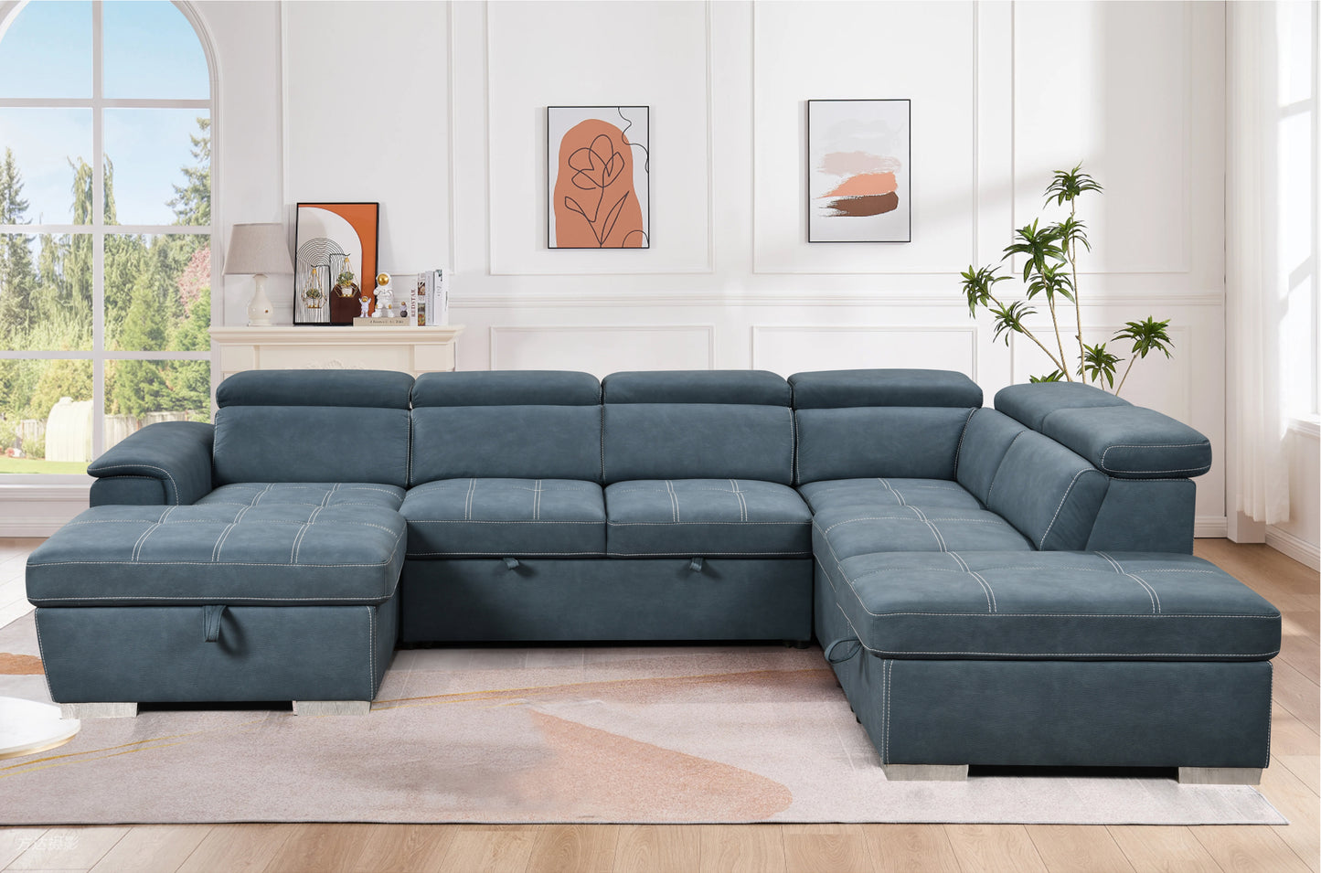 128'Sofa U Shaped Sectional Couch with Ottomans Reversible Modular Sofa 7 Seater Couch with Storage Seat,Living Room Furniture Sofa Sets with Adjustable Headrest, Blue