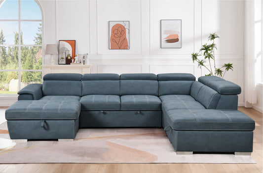 128'Sofa U Shaped Sectional Couch with Ottomans Reversible Modular Sofa 7 Seater Couch with Storage Seat,Living Room Furniture Sofa Sets with Adjustable Headrest, Blue