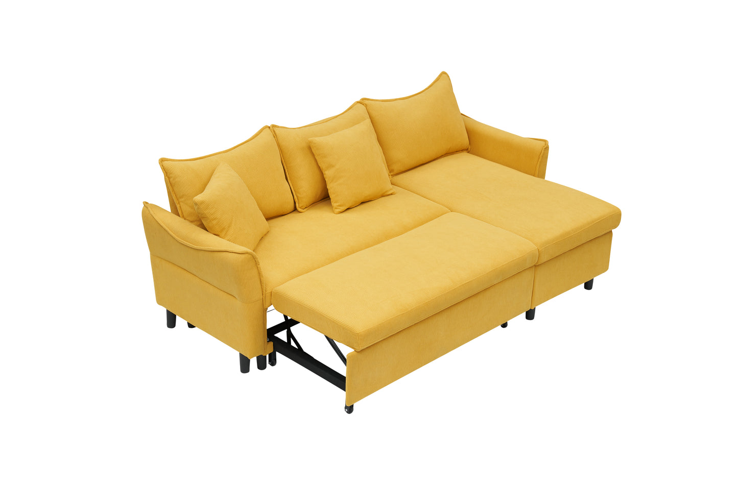 The 80-inch yellow corduroy L-shaped sofa comes with two small throw pillows that can be converted into a sofa bed for storage