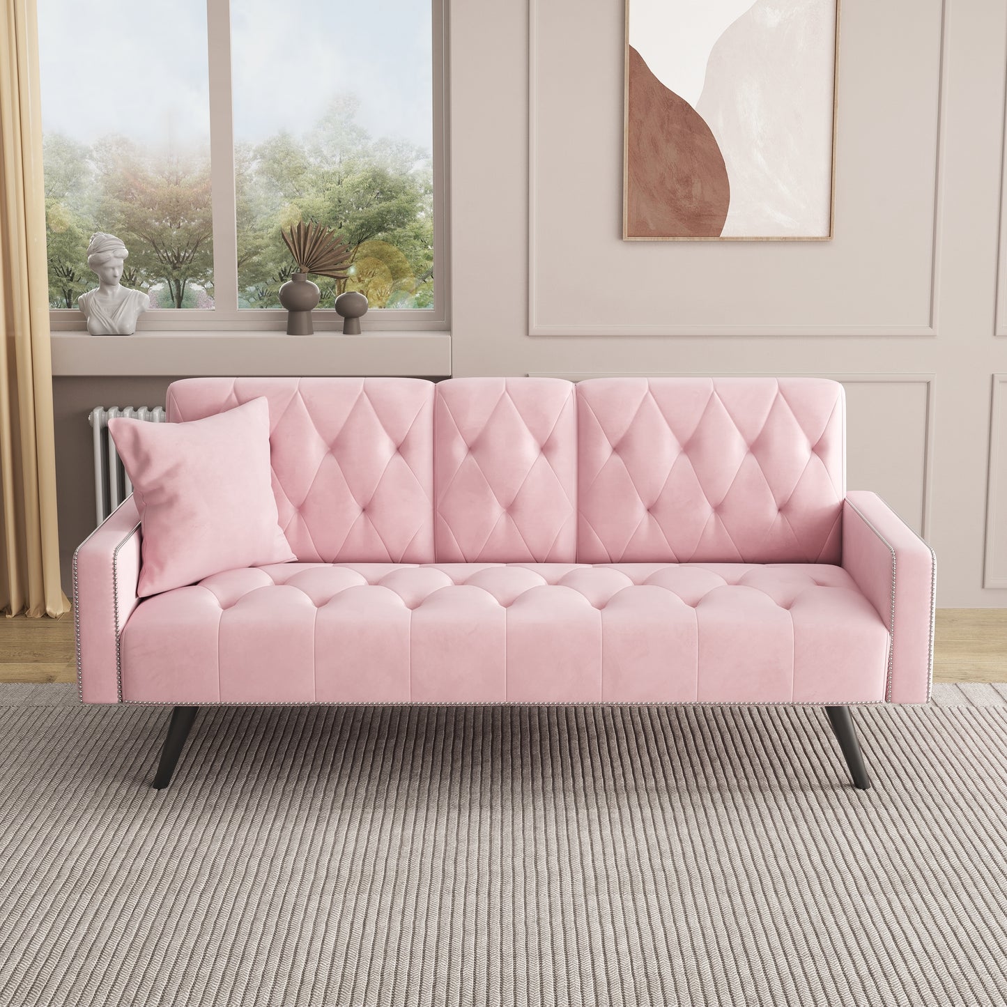1730 Sofa Bed Armrest with Nail Head Trim with Two Cup Holders 72" Pink Velvet Sofa for Small Spaces