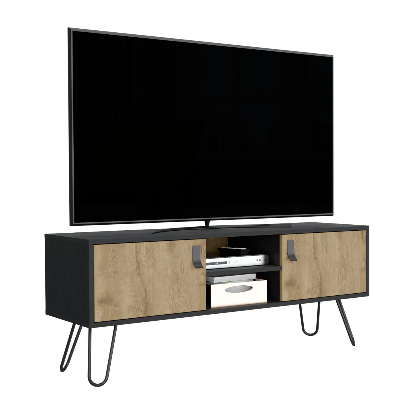 Toka Hairpin Legs TV Rack with Media Center and 2-Door, Black/Macadamia