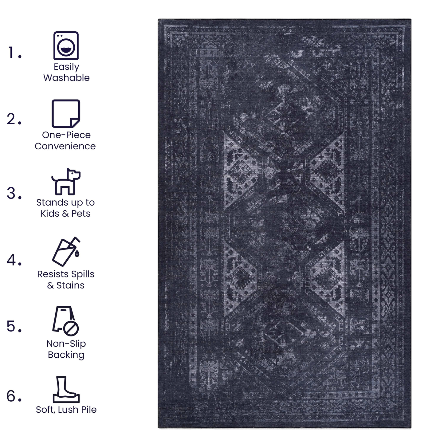 3x5 Area Rugs, Washable Rug, Low-Pile, Non-Slip, Non-Shedding, Foldable, Kid & Pet Friendly - Area Rugs for living room, bedroom, kitchen, dining room rug - Perfect Gifts, (Black+ Gray, 3' x 5')