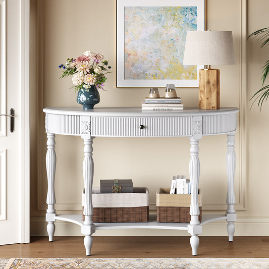 Solid Wood Half Moon Console Table with Drawer & Shelf, Fluted Vintage Curved Entryway Table for Hallway Living Room Foyer, Narrow Space Sofa Table with Roman Column Carved Legs, White