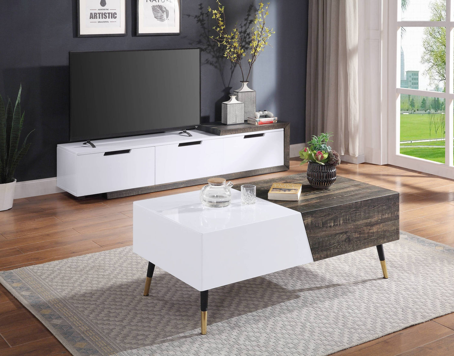 White High Gloss and Rustic Oak Coffee Table with Metal Leg