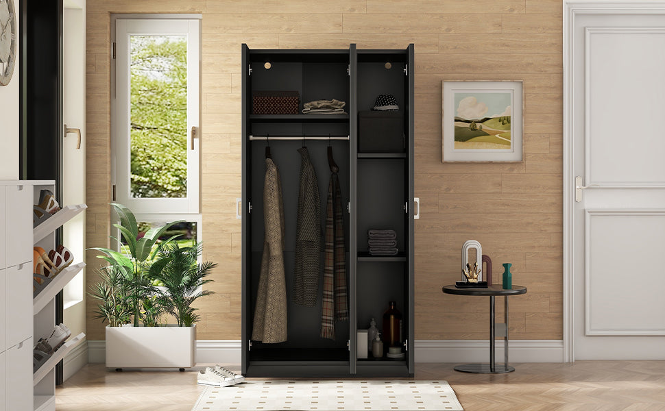 3 Door Wardrobe with Mirror, Armoire with Hanging Rod and 3 Fixed Shelves,Black