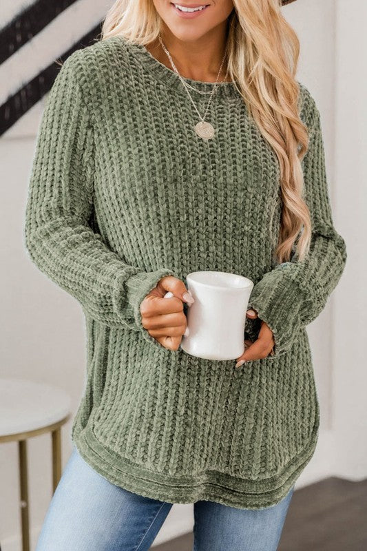 Women Long Sleeve Round Hem Cable Knit Sweater