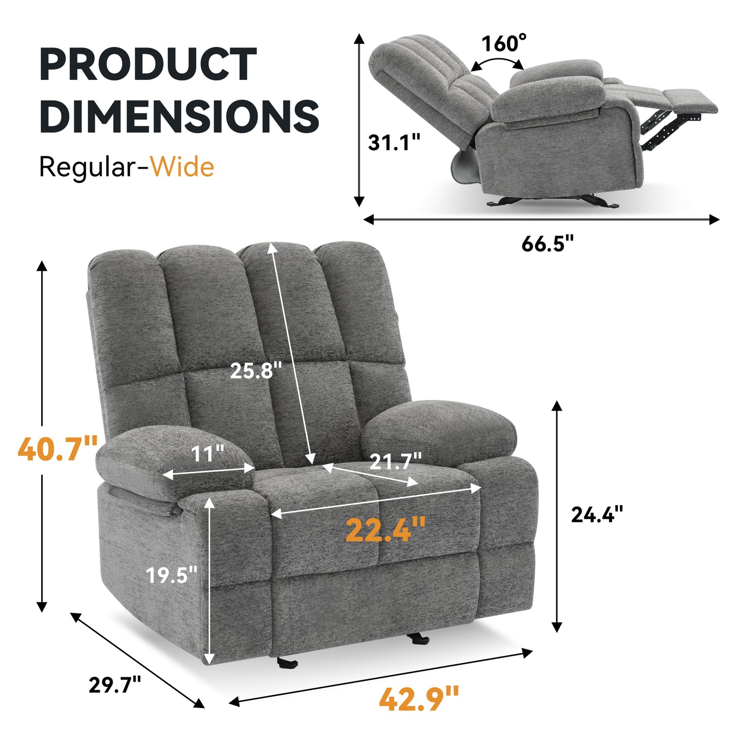 Oversize Rocker Recliner Chair for Adults, Extra Wide Rocking Recliner Chair Manual Recliner, Bid Man Recliners, Limestone Grey