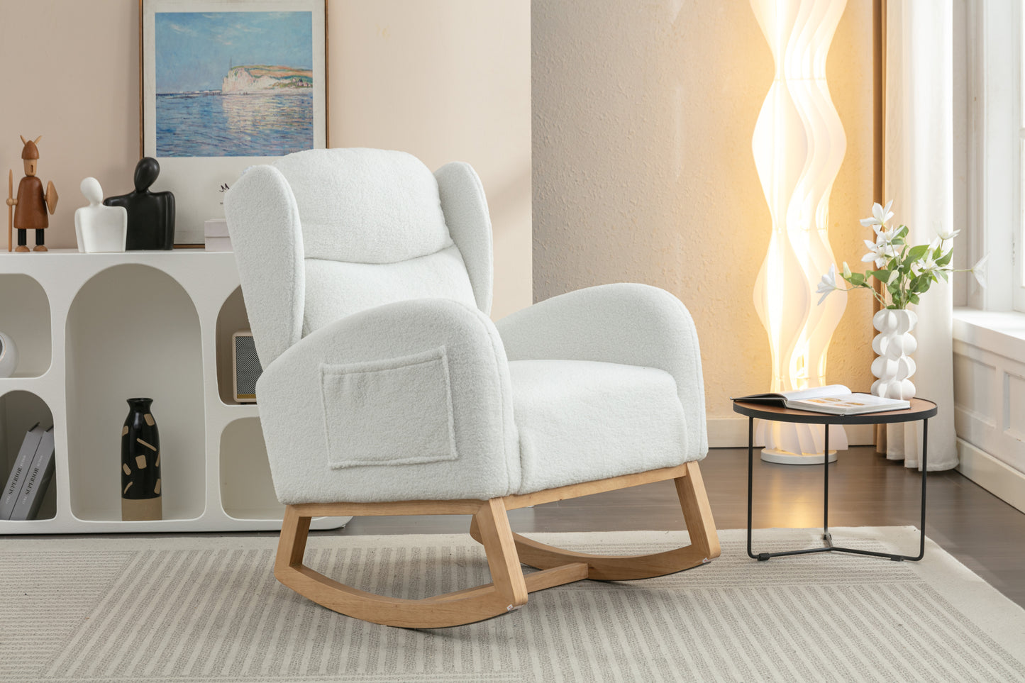 049-Teddy Fabric Rocking Chair With Packet Wood Legs,Ivory