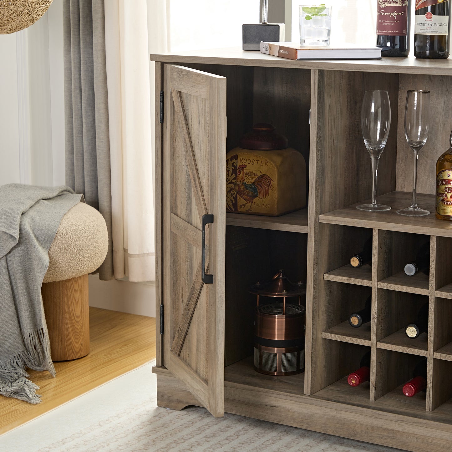 Farmhouse Coffee Bar Cabinet Bar Cabinet with Wine Rack Barn Door Buffet Sideboard Cabinet with Drawer, Adjustable Storage Shelves, Living Room, Dining Room 31.5*15.75*31.5Gray Wash