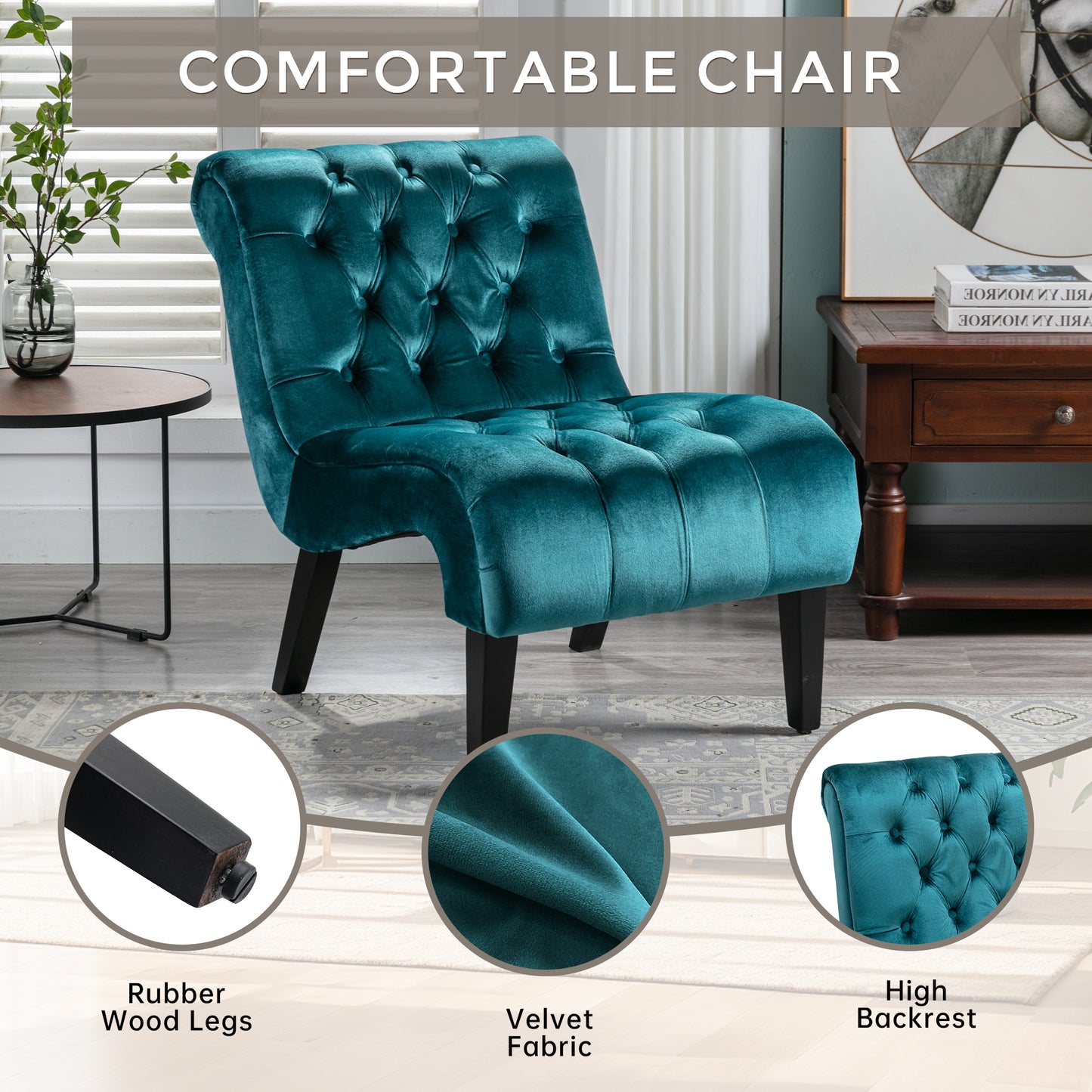 COOLMORE Modern Velvet Armless Accent Living Room Chair / Leisure Chair,Upholstered Fabric Button Comfortable Chair with Wooden Legs for Bedroom, Living Room, Office (Teal Velvet)