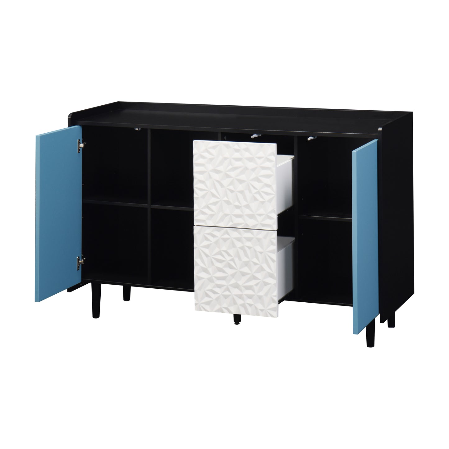 Sideboard Buffet Cabinet, Black Storage Cabinet with Blue Doors , 2 Drawers with unique panel styling and 2 Open Storage Compartment, Modern Coffee Bar Cabinet Accent Cabinet for Kitchen, Dining Room,