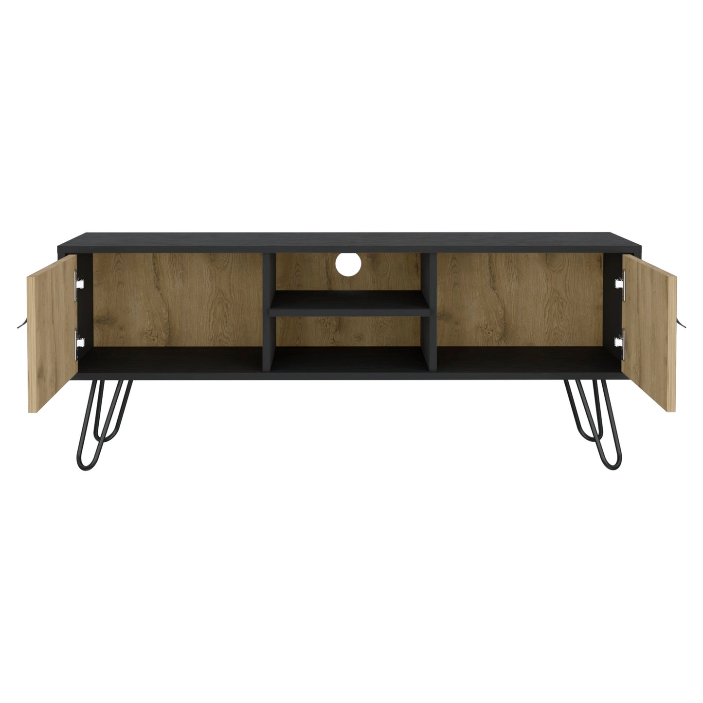 Toka Hairpin Legs TV Rack with Media Center and 2-Door, Black/Macadamia