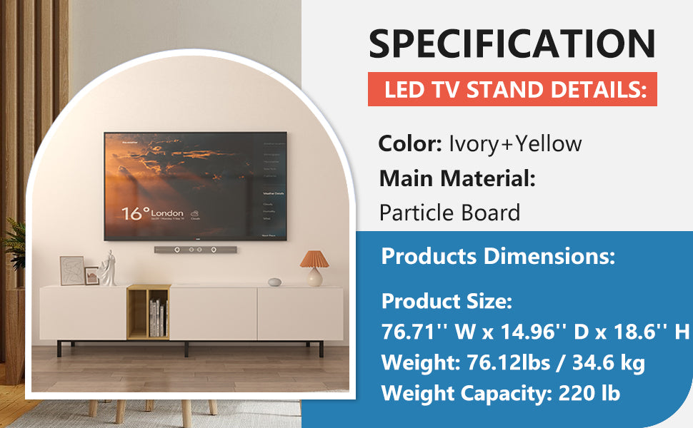 [Video] TV Console with Big Storage Cabinets, Modern TV Stand with Yellow and Ivory Contrasting Colors, Wireless Charging Entertainment Center for Living Room and Bedroom(White, for 80 inches)