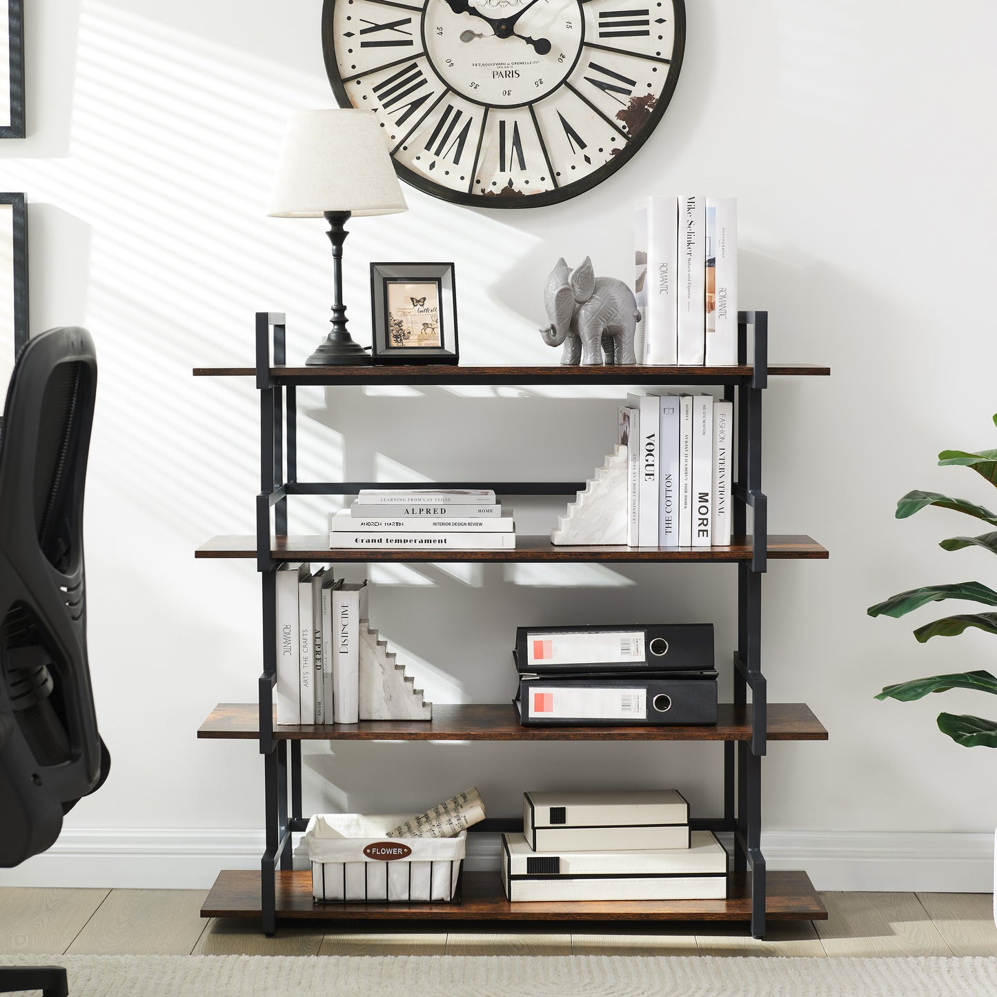 4 Tier Office Bookcase Shelf Rustic Wood Metal Bookshelves Freestanding Open Book Shelf, Industrial Tall Corner Bookcase Easy to Assemble for Home Office, Living Room and Bedroom,