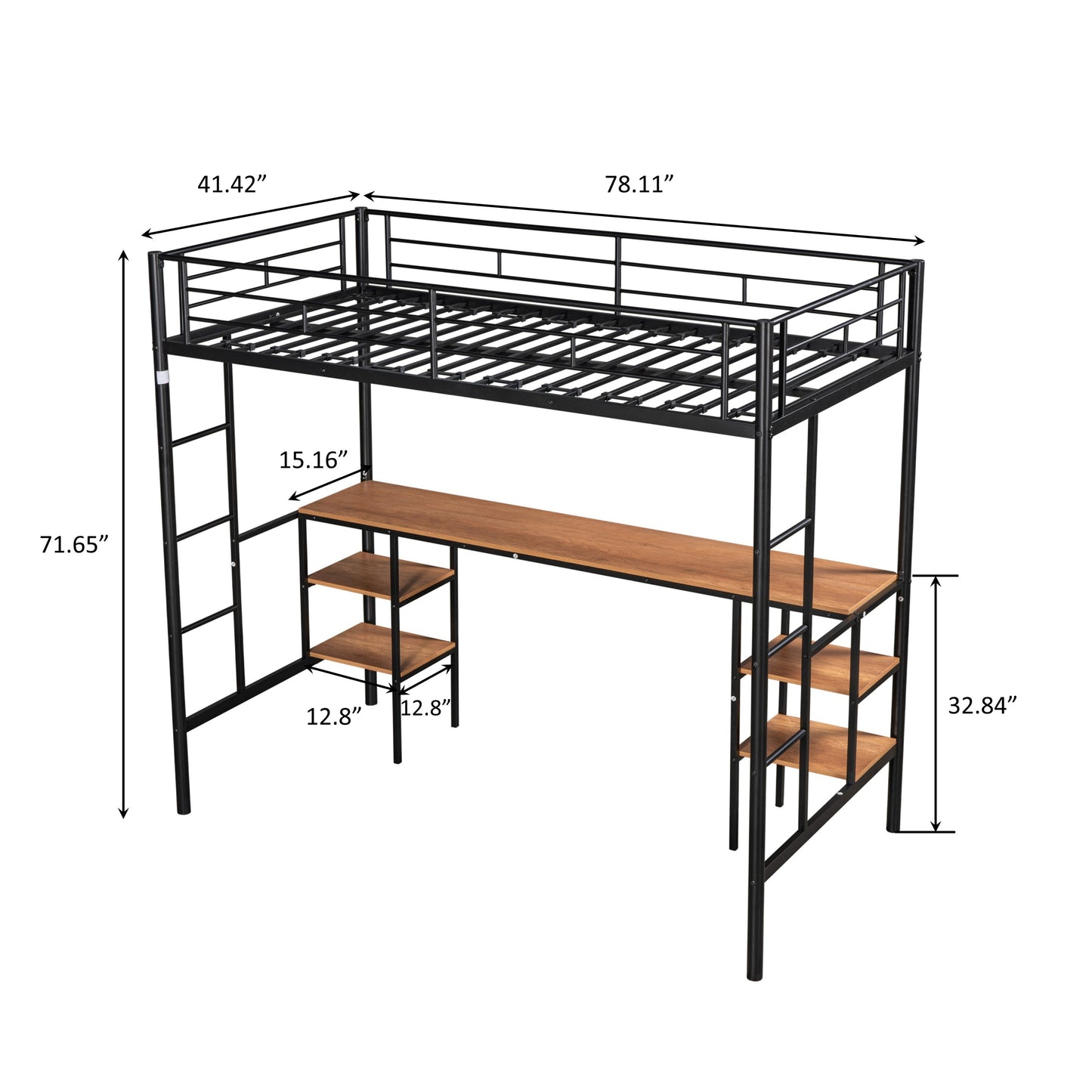 Twin-size Loft Bed with Table & Shelves/ Heavy-duty Sturdy Metal/ Built-in Table & Shelves/ Noise Reduced/ Safety Guardrail/ 2 Side Ladders/ CPC Certified/ No Box Spring Needed