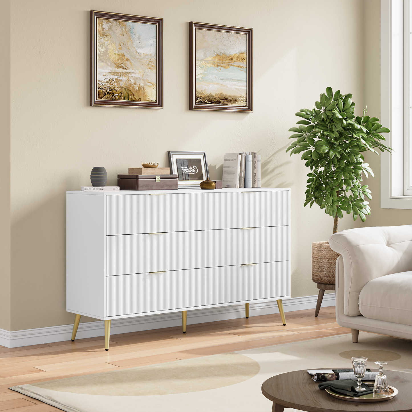 white Modern-6-Drawer for Living Room for Hallway Wide Chest of Drawers for Living Room