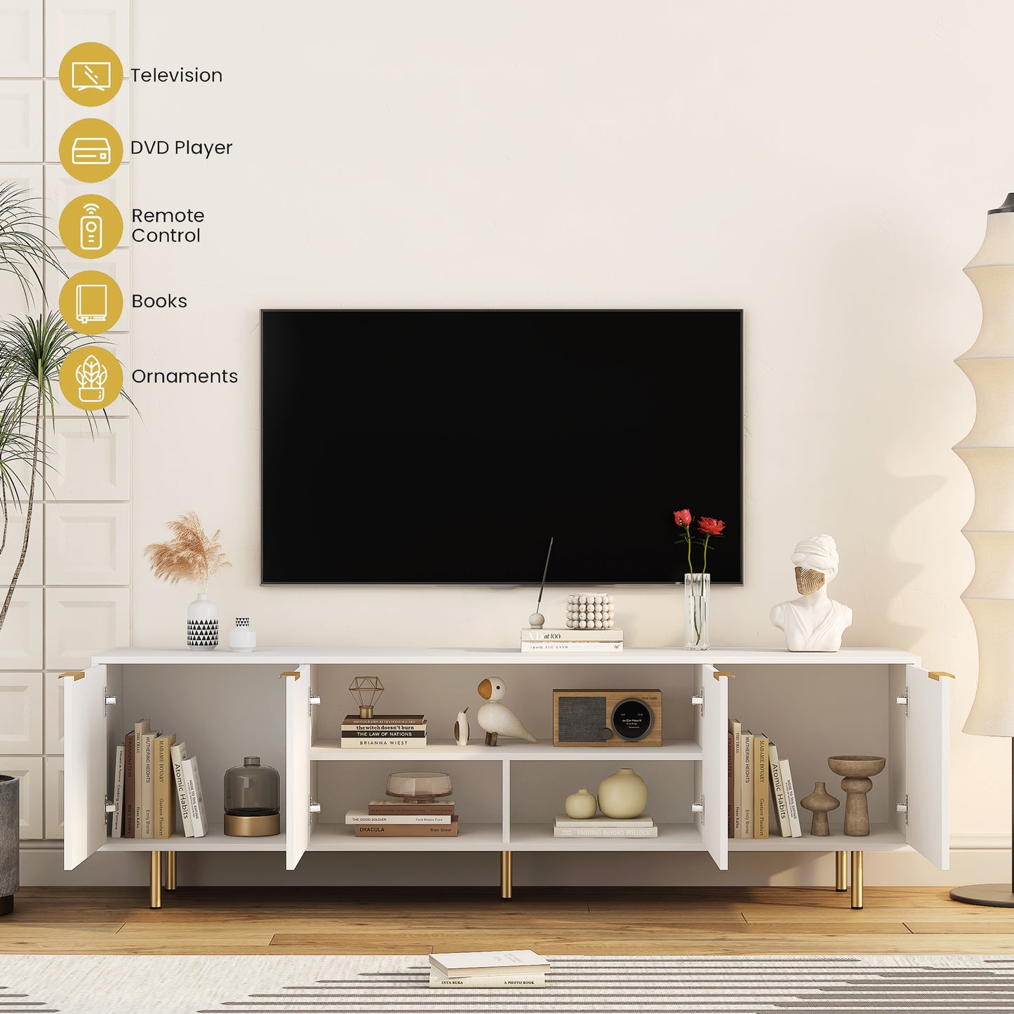 White Modern TV Stand Fluted 68" with Power Outlet, Entertainment Center with Storage Doors, TV Console Media Cabinet,  for 55+ Inch TV, Living Room