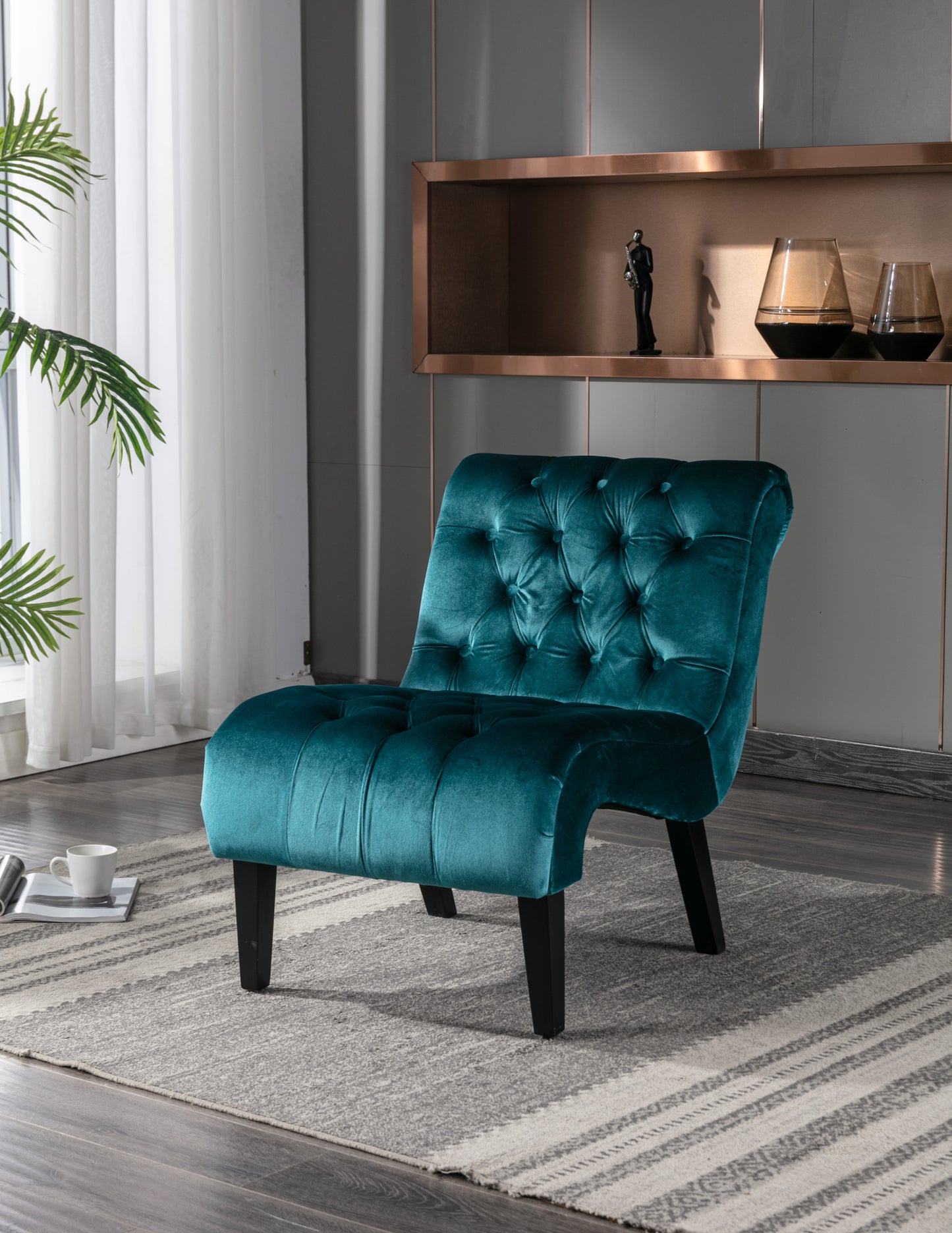 COOLMORE Modern Velvet Armless Accent Living Room Chair / Leisure Chair,Upholstered Fabric Button Comfortable Chair with Wooden Legs for Bedroom, Living Room, Office (Teal Velvet)