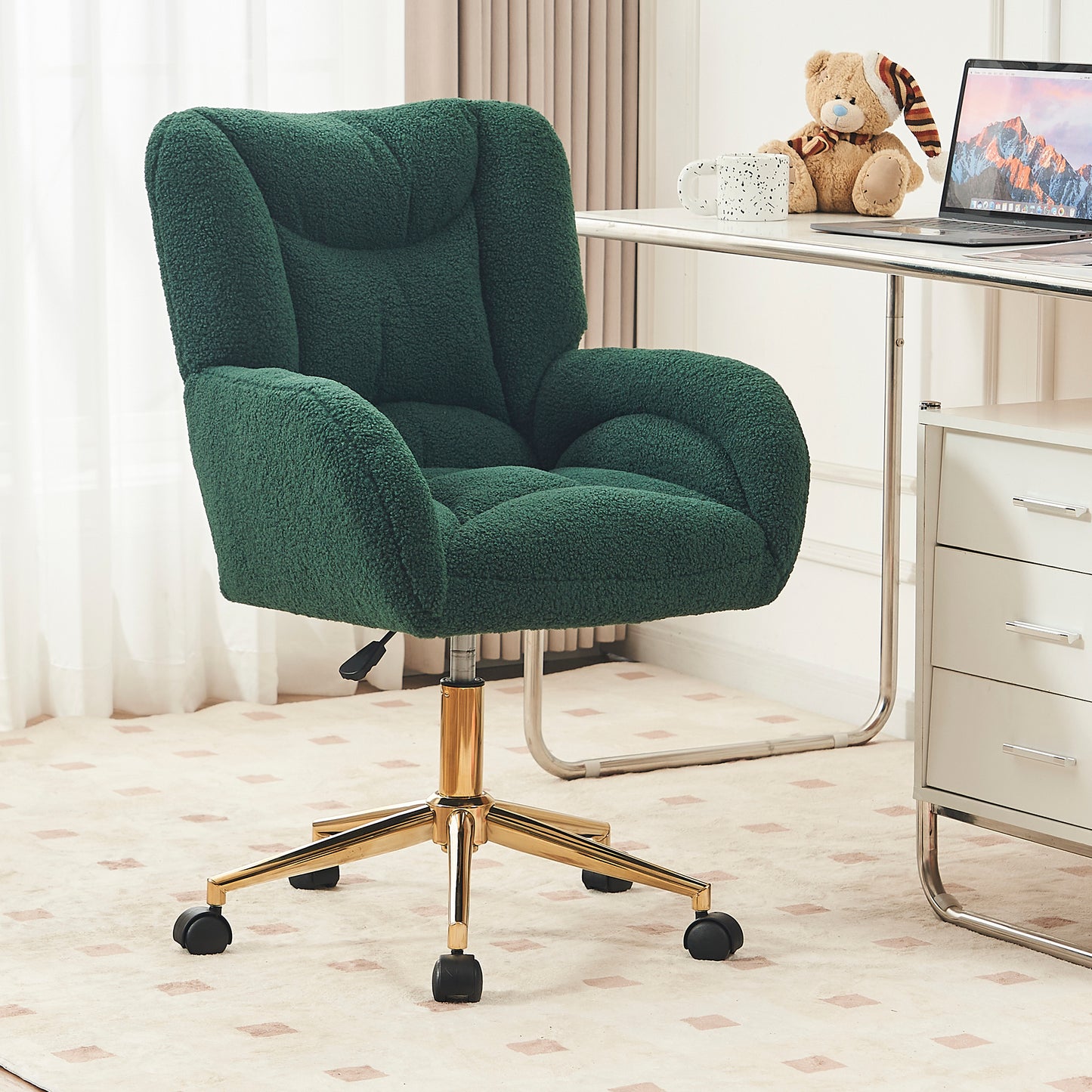 005-Teddy Fabric 360 Swivel Home Office Chair With Gold Metal Base And Universal Wheels,Green