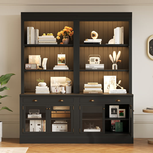 83.4'Tall Bookshelf Suite with LED Lighting, Modern Bookcases with Glass Doors and Drawers,2-Piece Set Storage Bookcase Suite with Open Shelves for Living Room,Home Office,Black