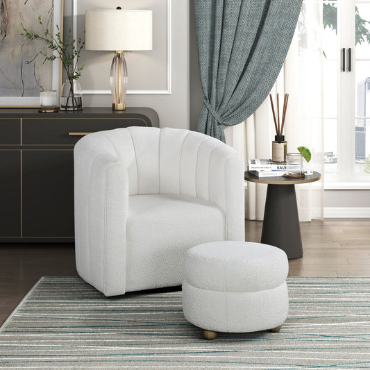 Modern Contemporary Swivel Chair with Ottoman White Boucle Fabric Upholstery Solid Wood Living Room Furniture