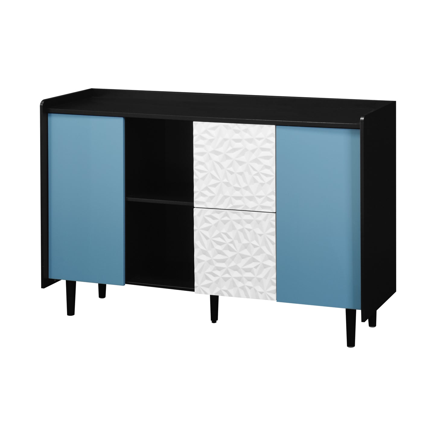 Sideboard Buffet Cabinet, Black Storage Cabinet with Blue Doors , 2 Drawers with unique panel styling and 2 Open Storage Compartment, Modern Coffee Bar Cabinet Accent Cabinet for Kitchen, Dining Room,