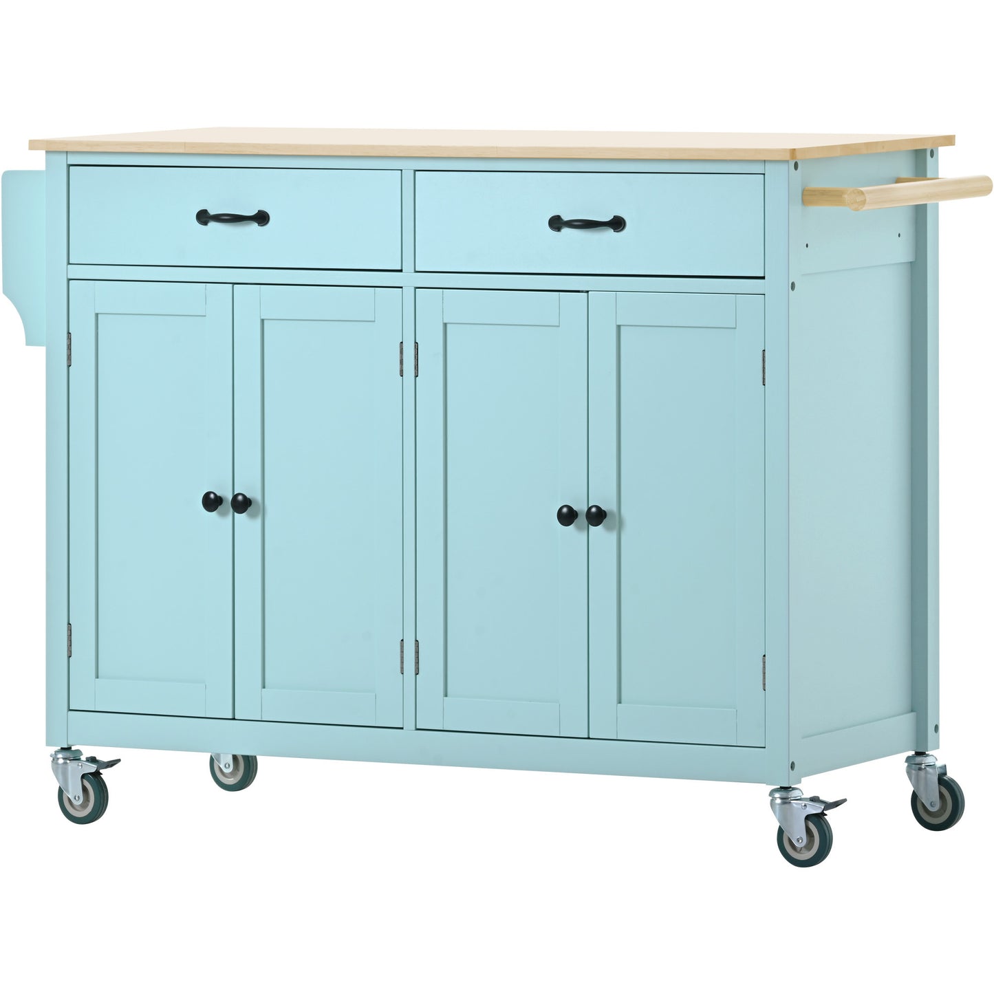 Kitchen Island Cart with 4 Door Cabinet and Two Drawers and 2 Locking Wheels - Solid Wood Top, Adjustable Shelves, Spice & Towel Rack(Mint Green)