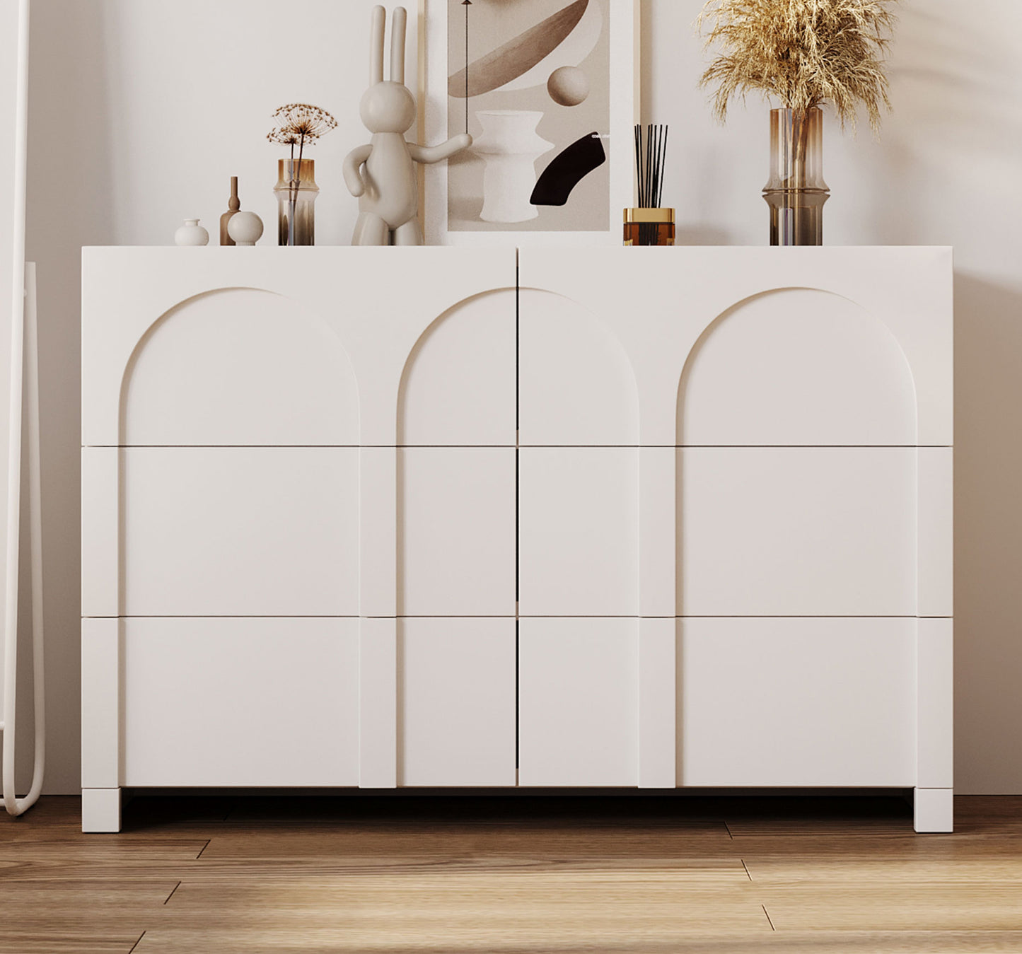 Modern Style Six-Drawer Dresser Sideboard Cabinet Ample Storage Spaces for Living Room, Children's Room, Adult Room, Half Gloss White