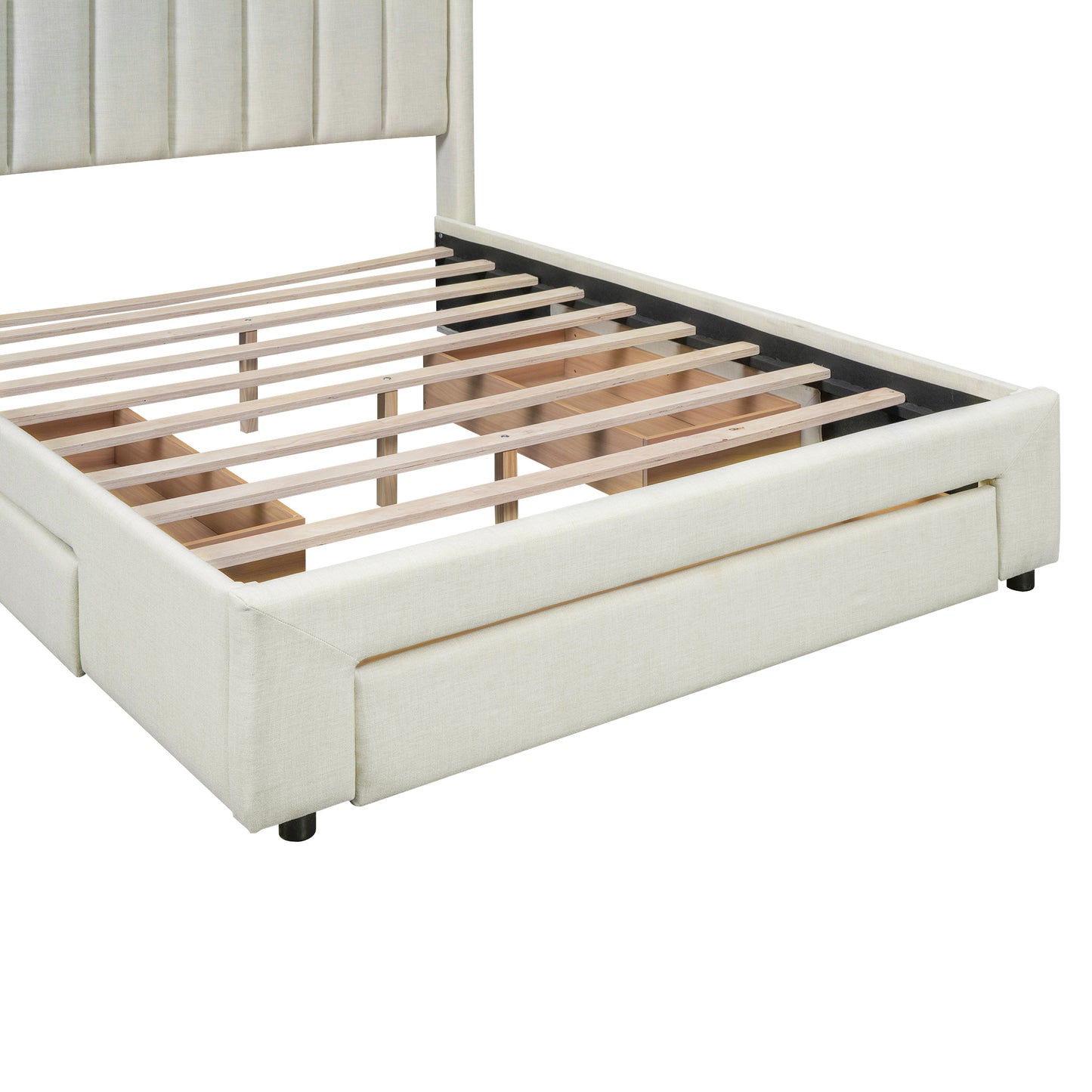 Full Size Upholstered Platform Bed with One Large Drawer in the Footboard and Drawer on Each Side,Beige