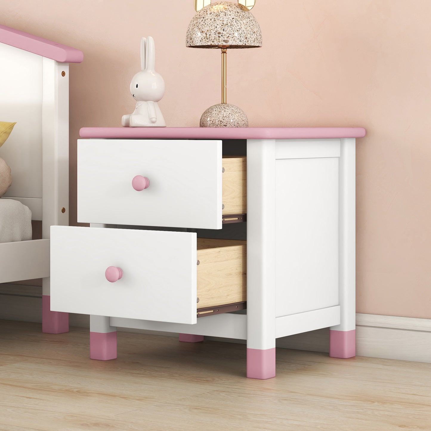 Wooden Nightstand with Two Drawers for Kids,End Table for Bedroom,White+Pink