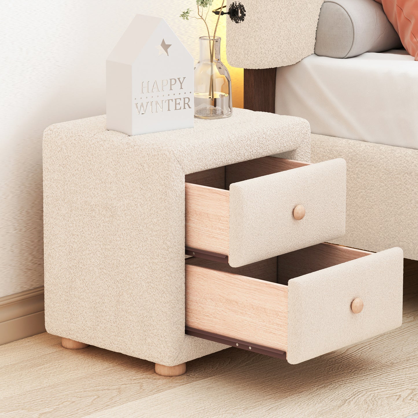 Teddy Fleece Nightstand with 2 Drawers, Beige