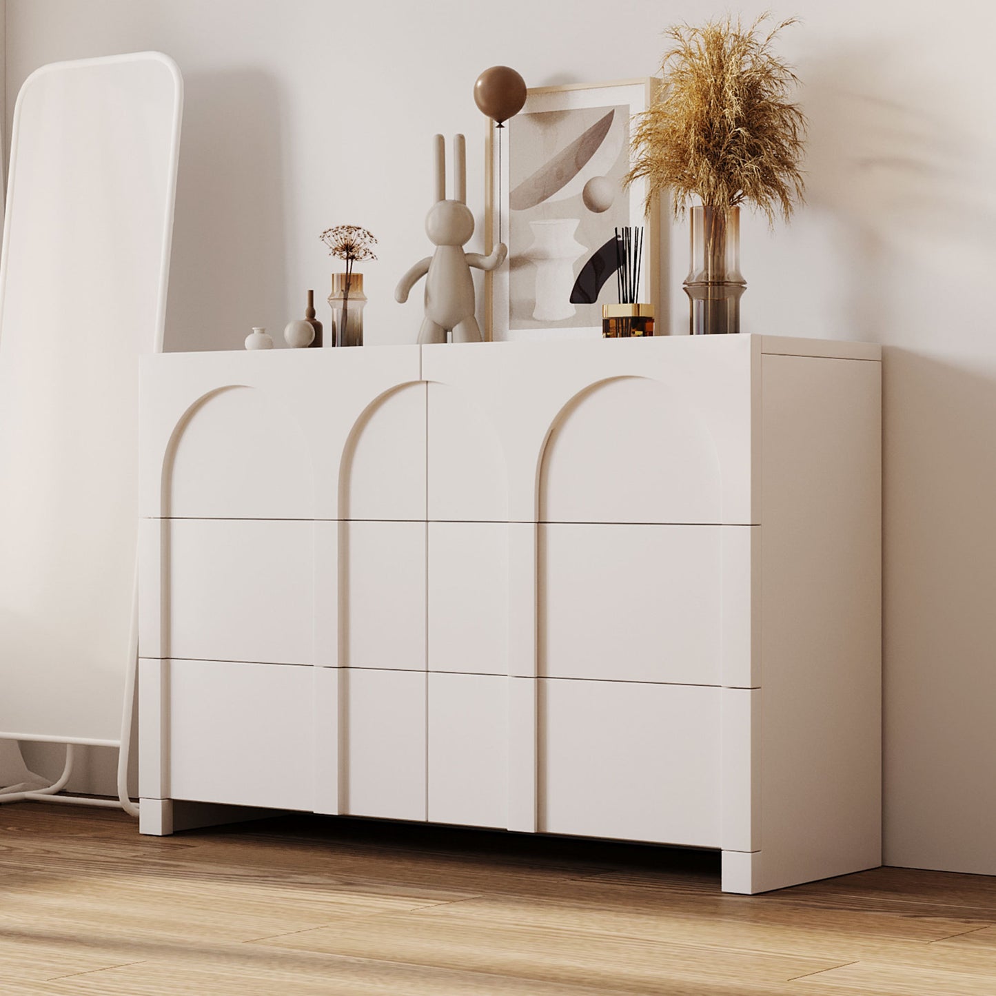 Modern Style Six-Drawer Dresser Sideboard Cabinet Ample Storage Spaces for Living Room, Children's Room, Adult Room, Half Gloss White